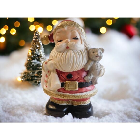Santa Claus Vintage Painted Ceramic Figure Electric Lighted 6" W/Christmas Bear - Picture 1 of 9